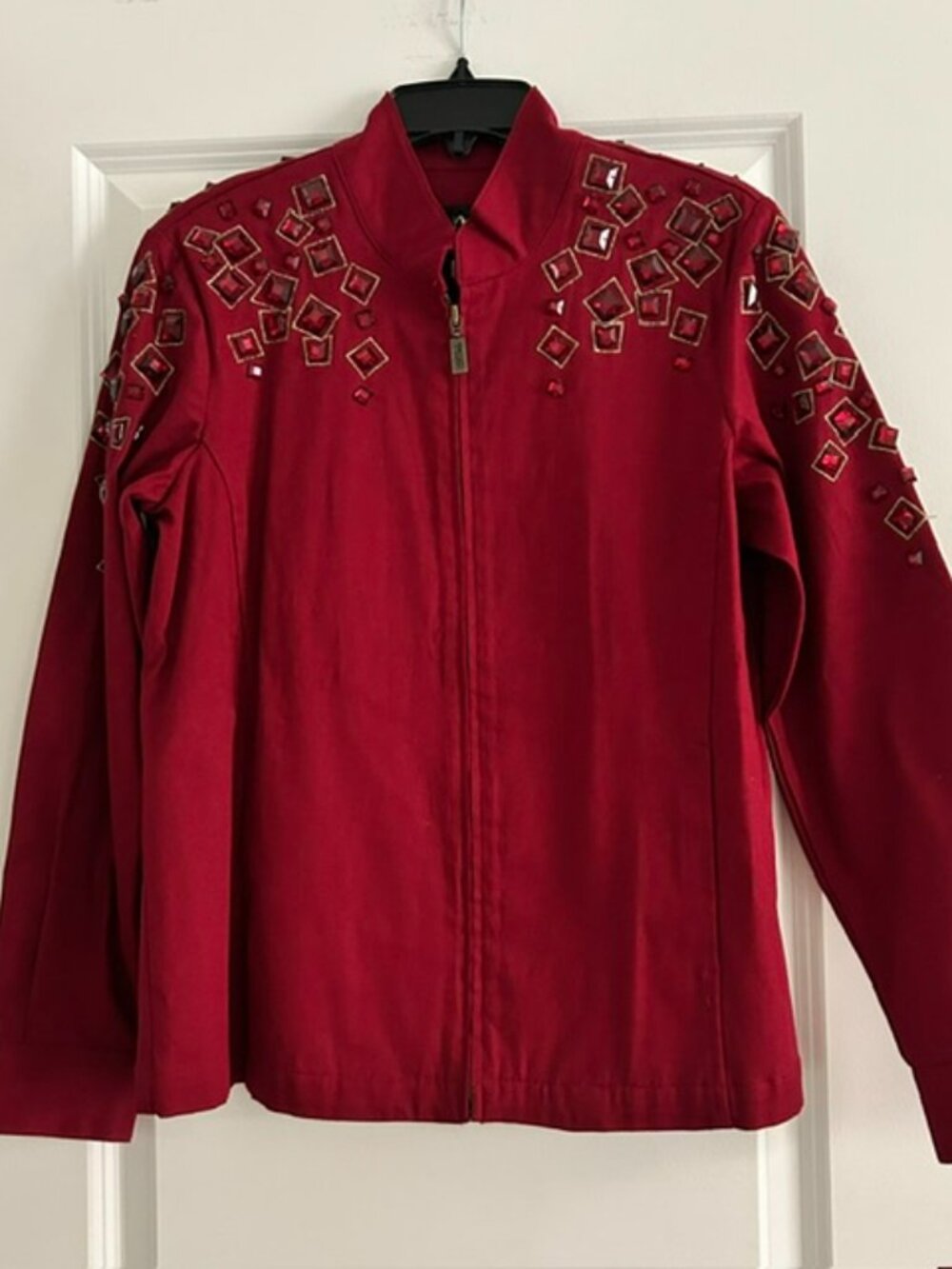 Bob Mackie Wearable Art Rhinestone Red Full Zip Jacket Women’s Size Small